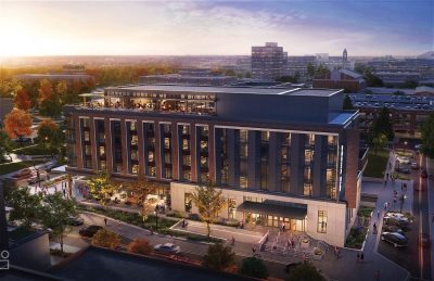 Rendering of an aerial view of The Cantio hotel at another angle